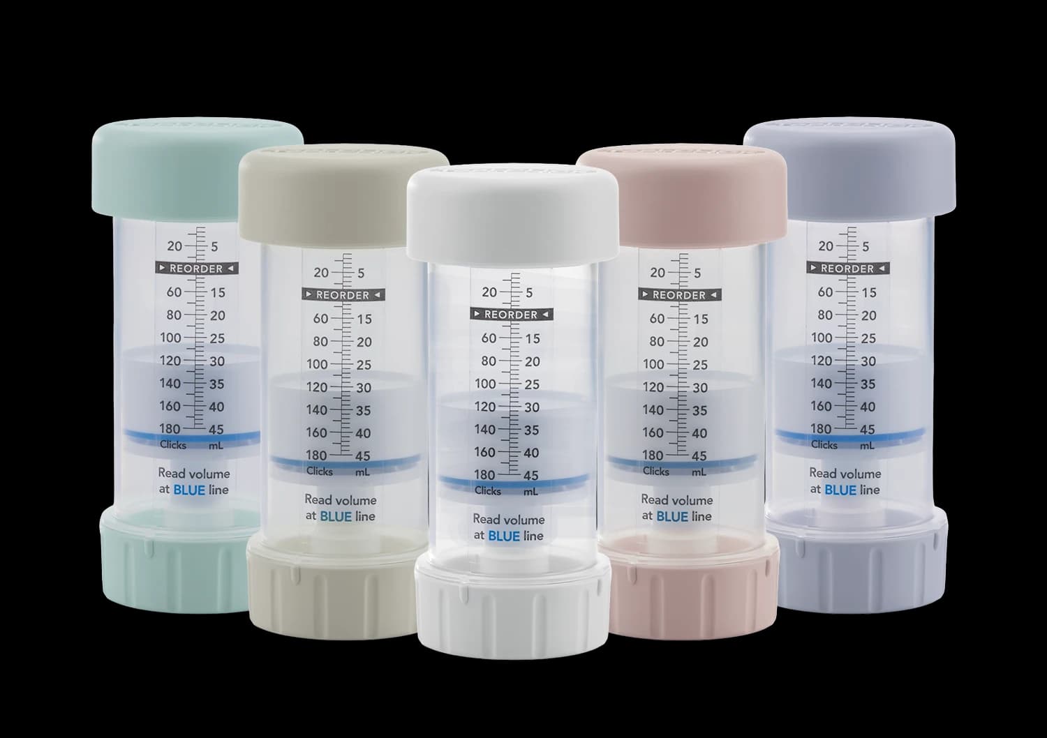 Topi-CLICK dispenser family shown in five color variants with visible scale markings