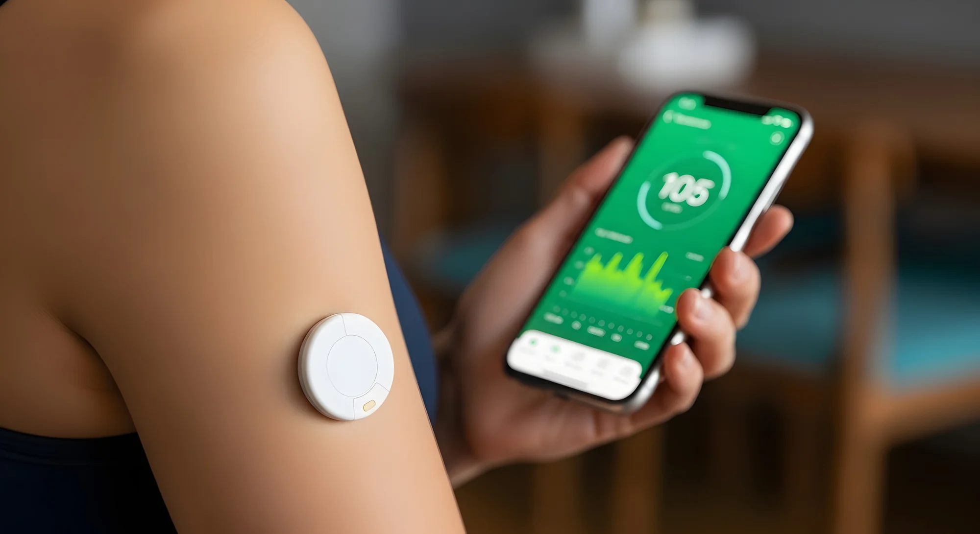 Wearable sensor adhered to the upper arm while the wearer checks its monitoring app on a phone.