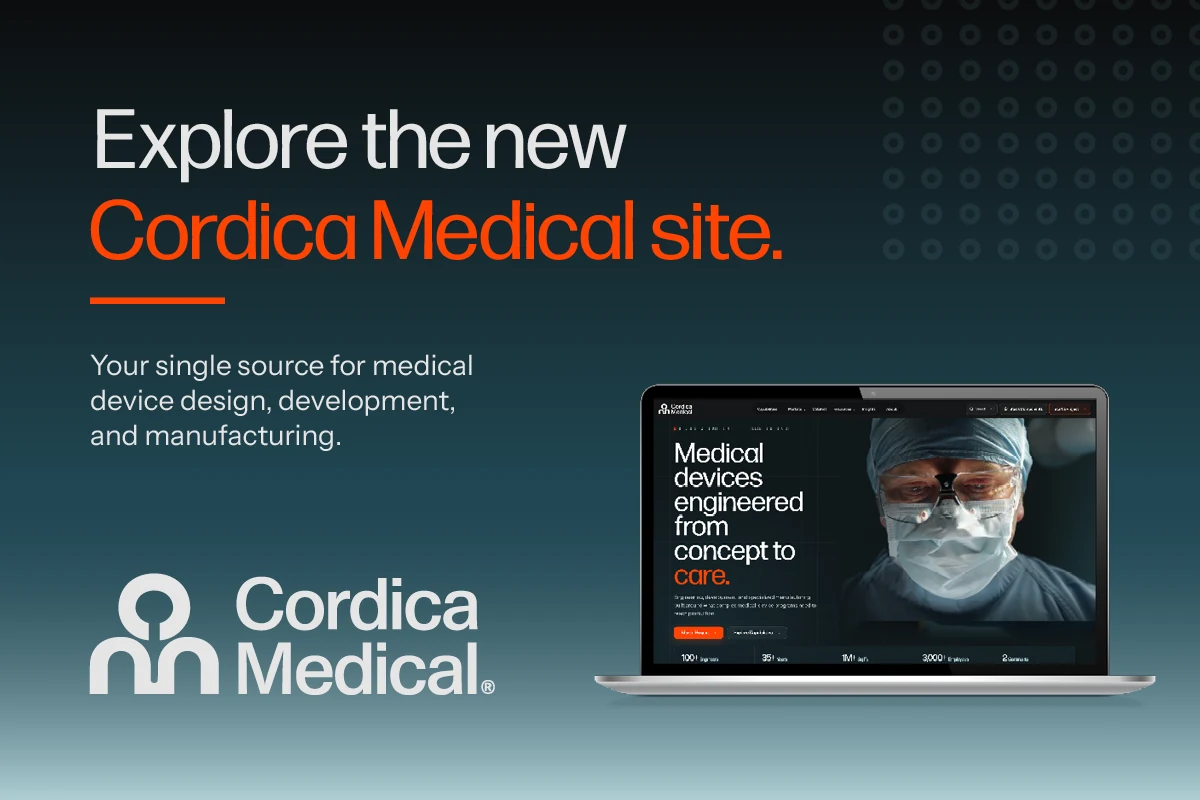 Promotional image of the new Cordica Medical website displayed on a laptop beside the Cordica Medical logo
